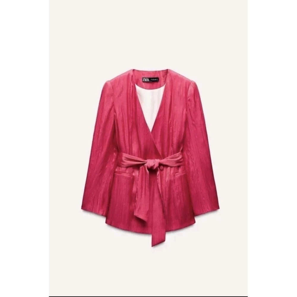 Zara Shiny Satin Wrinkle Effect Belted Shoulder Pad Blazer Fushia Size M NWT - Picture 8 of 10